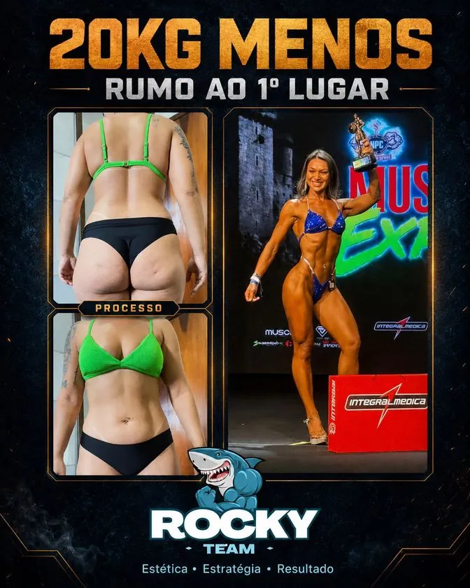 20 kg a menos, rumo ao primeiro lugar: aluna no palco com troféu