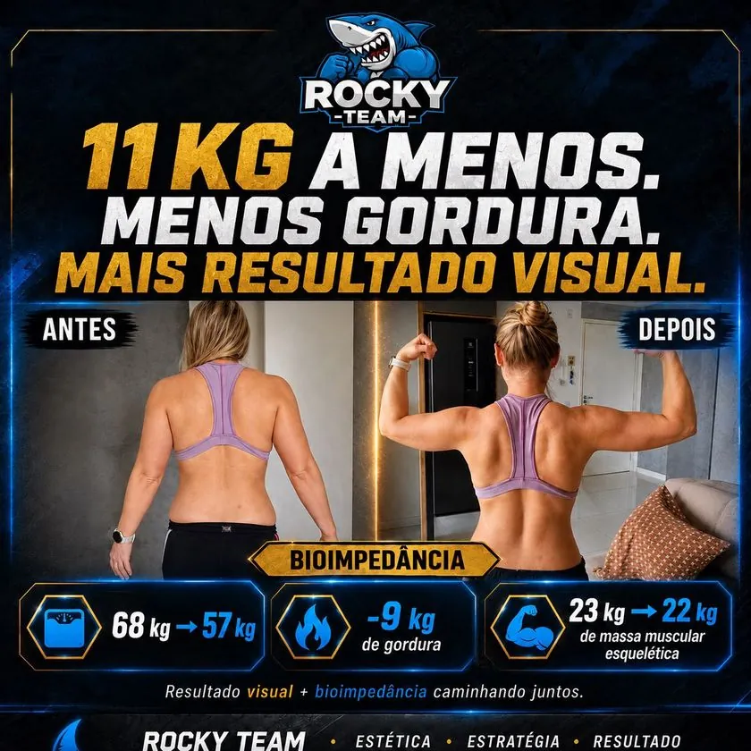 Aluna Rocky Team: 11 kg a menos, menos gordura e mais resultado visual, com dados de bioimpedância
