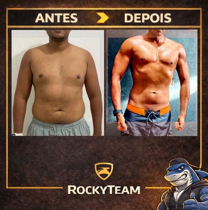 Antes e depois de aluno Rocky Team: definição visível do abdômen e braços